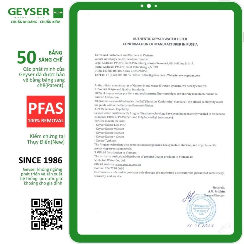 Chứng nhận khả năng xử lý PFAS của Geyser và tiêu chuẩn EAC